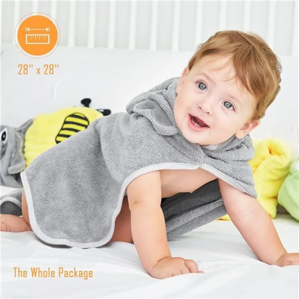 NEW 2 Baby Bath Hooded Towels and 8 Washcloths - Yellow Bee and Grey Elephant